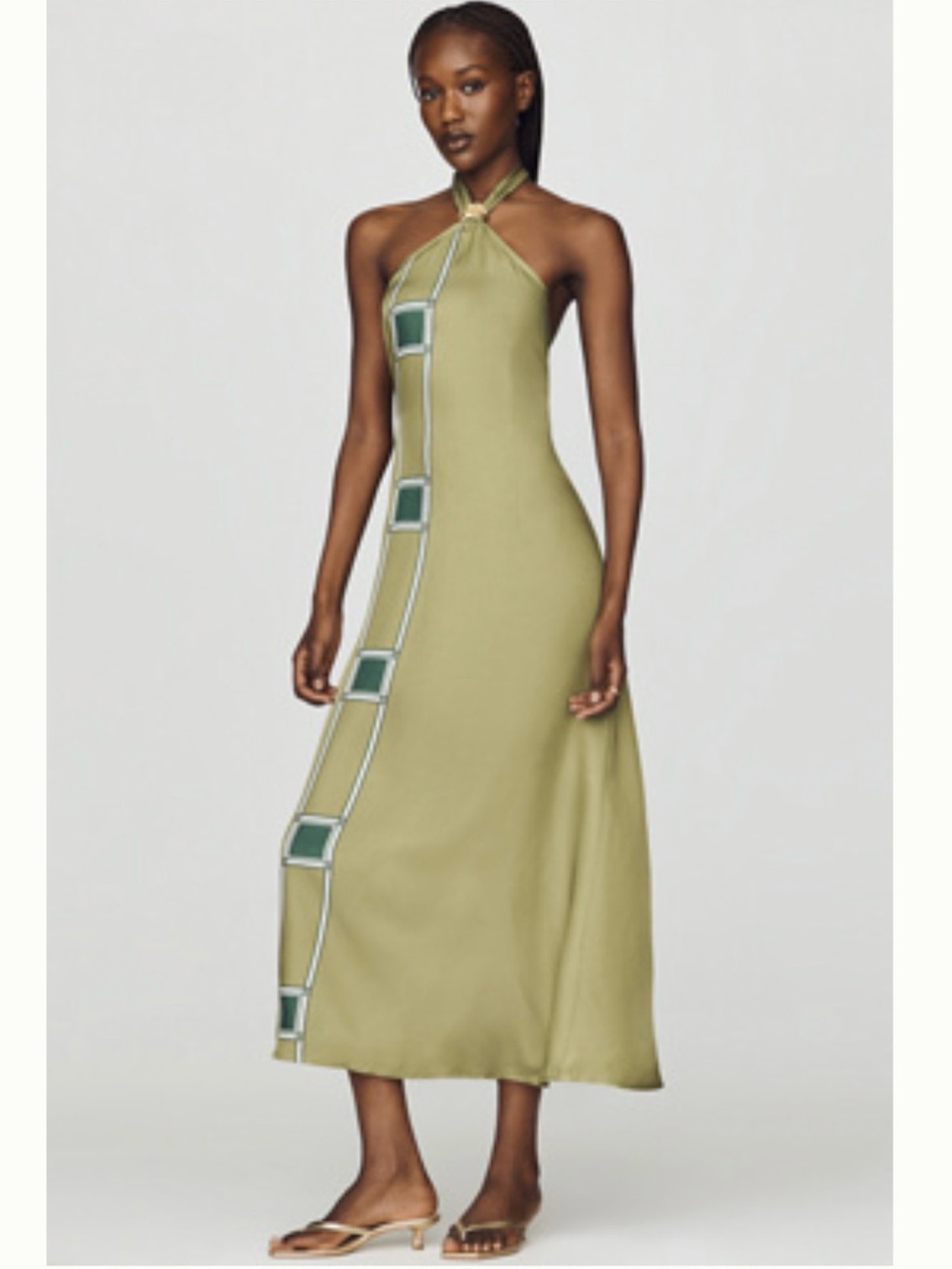Olive Satin Halter Midi Dress with Geometric Print
